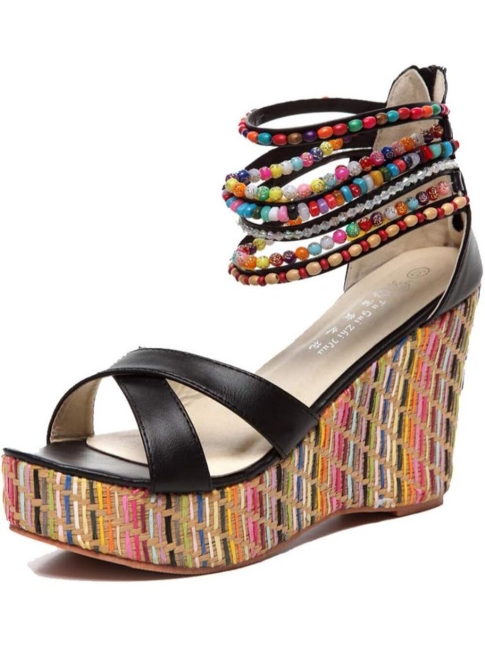 Women's Black Stylish Pearls Across the Top Platform Wedge High Heels Sandals